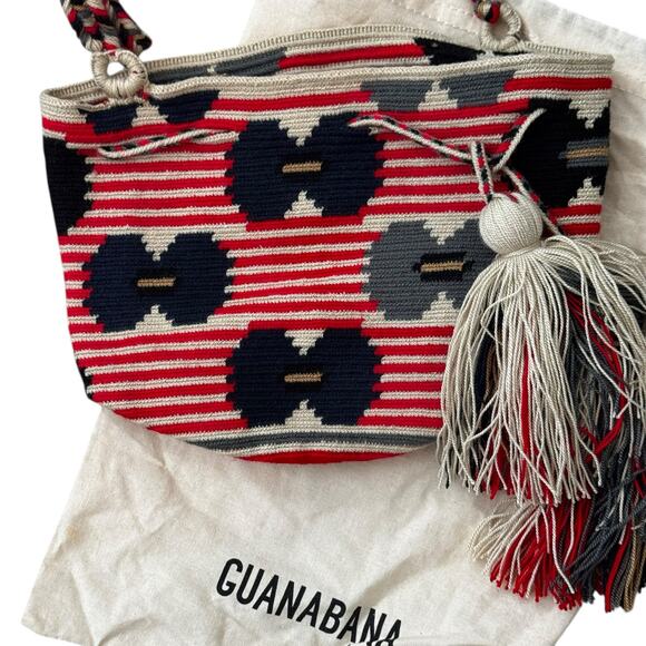 Guanabana Handmade Woven Crossbody Bucket Bag Red Geometric Tassel Boho Chic Art - Picture 6 of 8